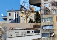 Collage by Alexandra Tatar: photographs made by the author of handmade satellite dishes observed on buildings in Cluj and Bucharest Romania, collaged with a handmade SAT receiver photography received from Popa Vasile, Aiud Romania.