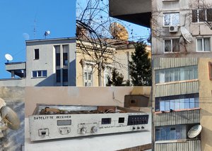 Collage by Alexandra Tatar: photographs made by the author of handmade satellite dishes observed on buildings in Cluj and Bucharest Romania, collaged with a handmade SAT receiver photography received from Popa Vasile, Aiud Romania.