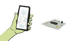 Zeichnung im linken Bereich von einer grünen Hand, die ein Smartphone hält. Auf der rechten Seite ist ein elektronischer Chip mit Kabeln zu sehen.