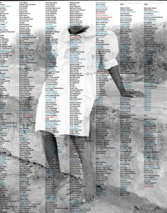 Das Bild zeigt eine lange Liste von Namen (Künstler_innen) überblendet mit einem Bild eines Kindes, barfuß und in einem Kleid.
