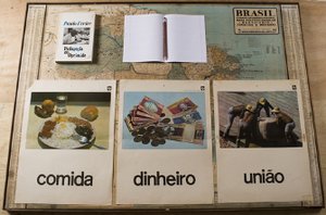 Poster von der Landkarte Brasiliens, auf der ein Buch, ein Notizblock und Fotografien von 3 Alltagsszenen arrangiert sind.