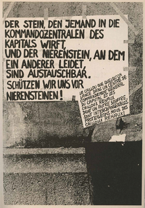 Two posters (one in German and one in French) read (translated into English): “The stone that someone throws at the capitalist command center, and the kidney stone that someone else is suffering from are interchangeable. We ought to protect ourselves from kidney stones!” (translation from Crip Magazine no. 1).