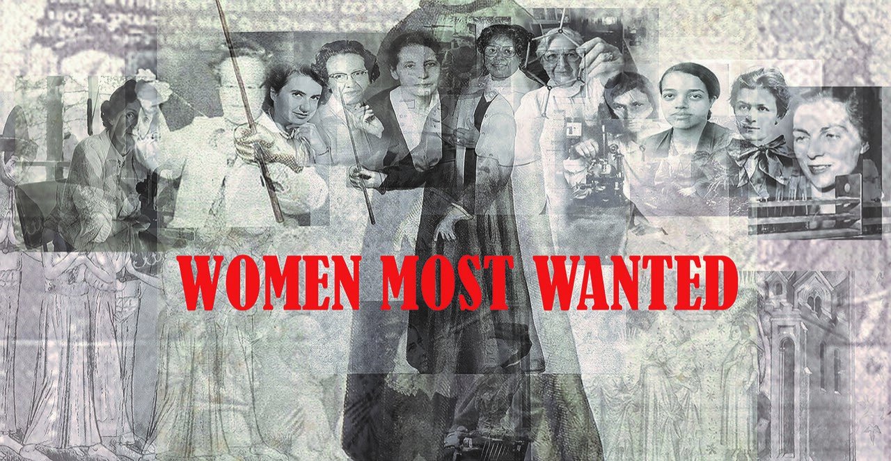 schwarz-weiße Kollage mit Fotos und Bildern von Frauen, in der Bildmitte in Großbuchstaben und roter Schrift der Titel Women most wanted