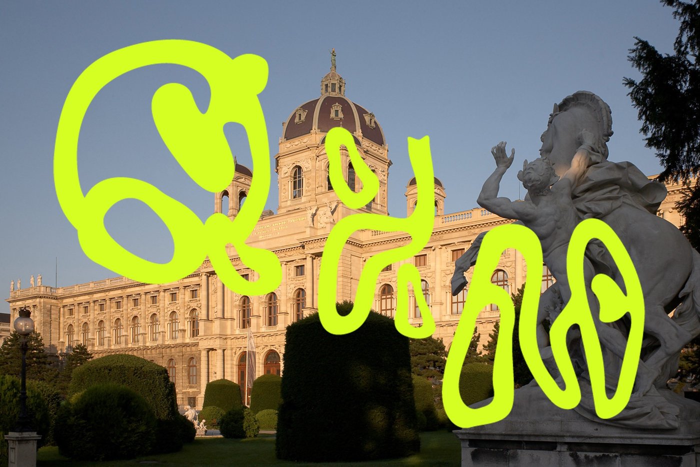 Eine Aufnahme des Kunsthistorischen Museums Wien mit dem grün-gelben Logo der Veranstaltungsreihe darüber