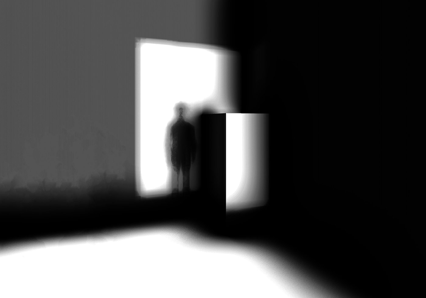 Die Einladungskarte zeigt eine mit dem Computer simulierte Raumsituation, die den Schatten einer fiktiven Person am Eingang zum Ausstellungsraum inmitten des von der Sonne projizierten Türabschnitts schwarz an die Wand wirft.