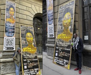 Ramón Esono painted a GIANT portrait of Guinean writer and LTGBQ+  activist Melibea Obono and they carried the portrait through Vienna and  together to the Academy of Fine Arts Vienna, Lehargasse 8, where the  banner of the portrait is exhibited for 10 days.