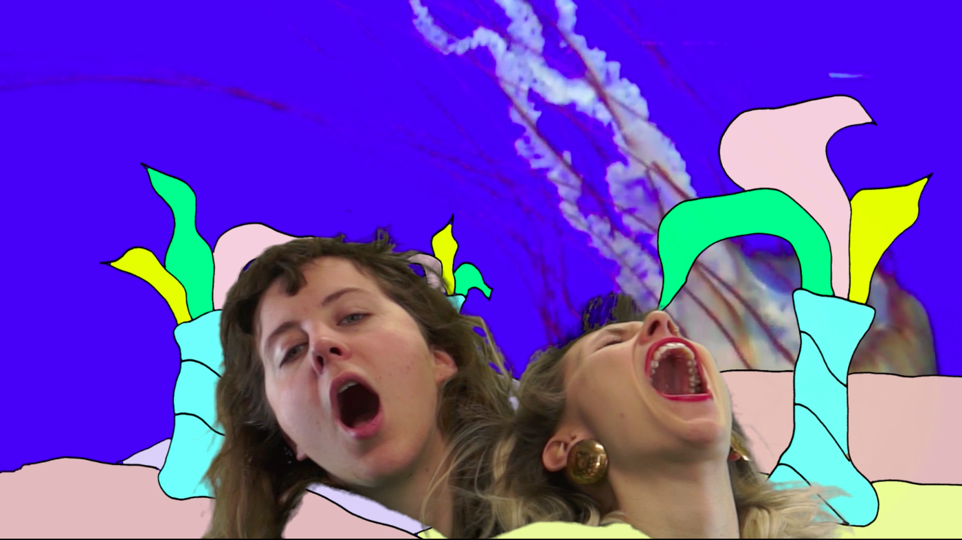 Collage, zwei Mädchen lachend oder schreiend mit buntem Hintergrund