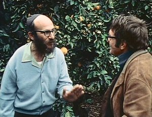 Filmstill mit zwei Männern die vor einem Busch stehen und diskutieren
