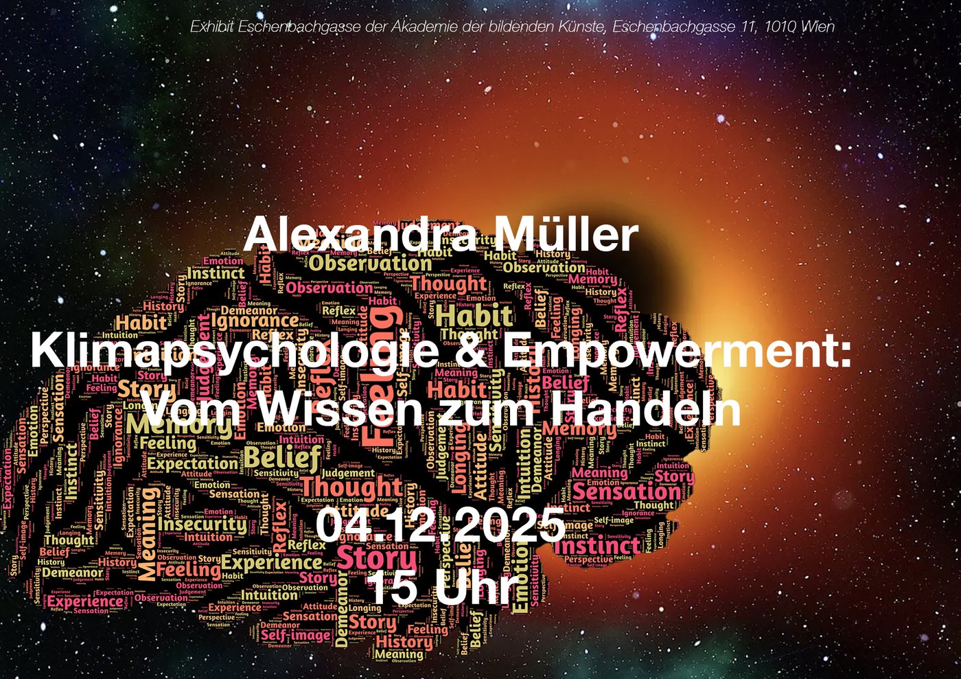 Vor einem Schwarzen Loch im Weltall schwebt eine graphische Zeichnung eines Gehirns, in dem verschiedengroße Begriffe auf Englisch stehen wie beispielsweise: Glaube, Bedeutung, Gefühe, Erfahrung, Instinkt, etc.