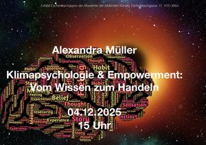 Vor einem Schwarzen Loch im Weltall schwebt eine graphische Zeichnung eines Gehirns, in dem verschiedengroße Begriffe auf Englisch stehen wie beispielsweise: Glaube, Bedeutung, Gefühe, Erfahrung, Instinkt, etc.