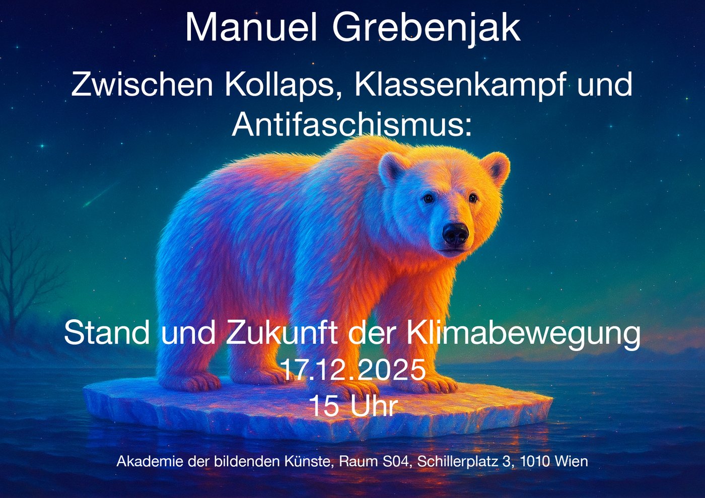 Ein Bär auf einer kleinen Scholle treibt dem Sonnenuntergang entgegen. Dabei schaut er verzweifelt den_die  Betrachter_in an.