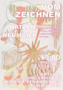 Plakat mit abstrakter Zeichnung als Hintergrund, Text im Vordergrund