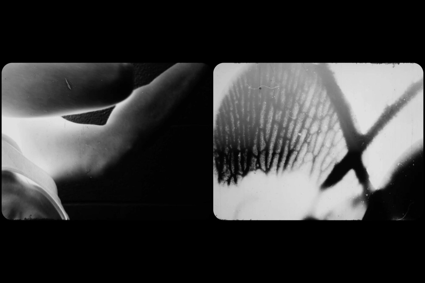 Zwei schwarz-weiße, negativ invertierte Nahaufnahmen nebeneinander, links ein menschlicher Torso mit Schulter und Bein an einer Wand, rechts eine strukturierte Oberfläche mit Linienmuster.