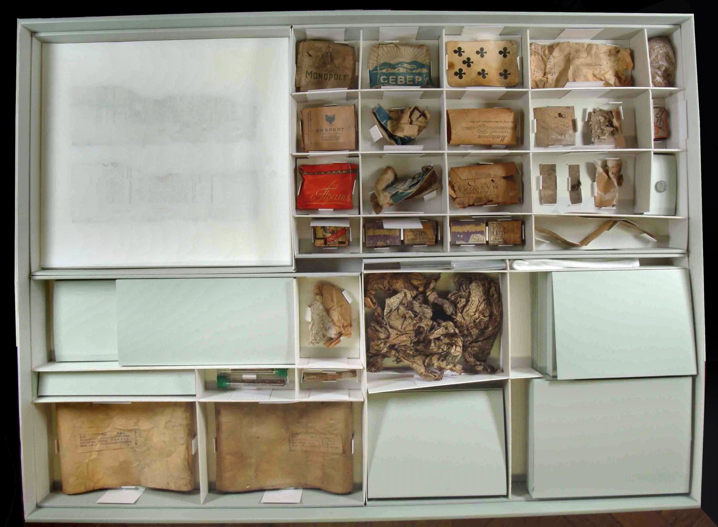 Box with various material samples 