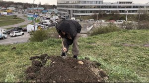 Verkehrsknoten, schaufelnde Person im Vorgrund auf einer Wiese.
