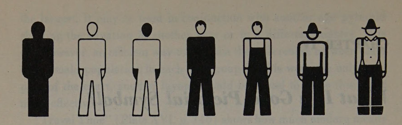 In einer geraden Reihe sind nebeneinander sieben männliche Figuren durch Konturenlinien in Schwarz/weiß dargestellt, von komplett schwarz links bis zu differenzierter Kleidung rechts.
Seven male figures are depictedsideby side in a straight row using contour lines in black and white, from completely black on the left side to differentiated clothing on the right side.