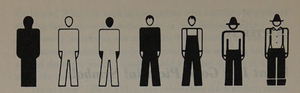 In einer geraden Reihe sind nebeneinander sieben männliche Figuren durch Konturenlinien in Schwarz/weiß dargestellt, von komplett schwarz links bis zu differenzierter Kleidung rechts.
Seven male figures are depictedsideby side in a straight row using contour lines in black and white, from completely black on the left side to differentiated clothing on the right side.