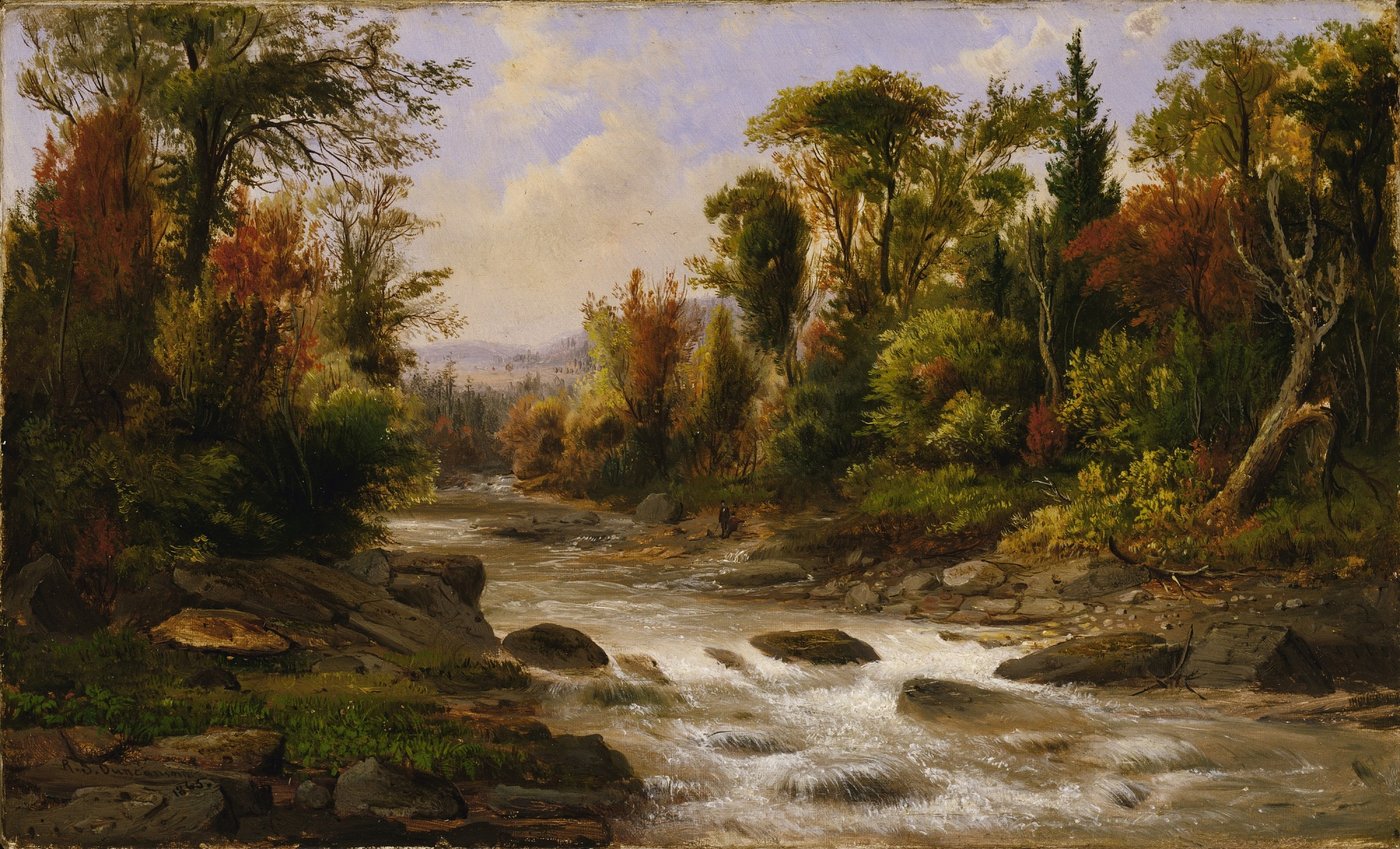 Robert S. Duncanson, On the St. Annes, Canada East, 1863-65, oil on canvas, 9 1/8 x 15 in., Smithsonian American Art Museum, Gift of Herbert Drown, 1983.95.170 The image is a full-color painting of a river landscape. A cascade of running water is visible at the center of the image flowing towards the foreground. On either side of the low-profile riverbanks are trees and foliage in autumn.