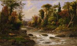The image is a full-color painting of a river landscape. A cascade of running water is visible at the center of the image flowing towards the foreground. On either side of the low-profile riverbanks are trees and foliage in autumn.