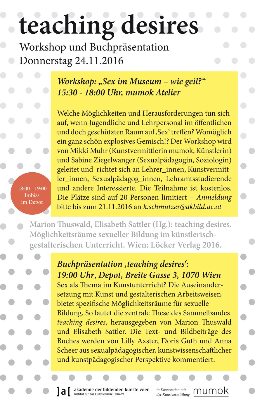Herausgegeben von Marion Thuswald und Elisabeth Sattler, Löcker Verlag Wien 2016
 
 Vor der Buchpräsentation findet ein Workshop mit Mikki Muhr (Kunstvermittlerin mumok, Künstlerin) und Sabine Ziegelwanger (Sexualpädagogin, Soziologin) in Kooperation mit der Kunstvermittlung des mumok statt.