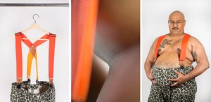 Von links nach rechts: Ein Foto von Anshumans Hose mit Leopardenmuster und leuchtend orangefarbenen Hosenträgern, die an einem hölzernen Kleiderbügel hängen. Der Bügel ist an einem durchsichtigem Angeldraht unter einer silbernen Metallstange befestigt, so dass er in der Luft zu schweben scheint. Der Hintergrund ist weiß. Foto Calla Evans.
Eine extreme Nahaufnahme von Anshumans brauner Haut. Das leuchtende Orange ihrer Hosenträger ist im linken Drittel des Bildes unscharf und sieht fast so aus, als ob es sich um ein Lichtleck auf einem Filmfoto handeln könnte. Die angewinkelte Falte dessen, was ihr Ellbogen sein könnte, füllt den größten Teil des Bildes aus. Foto Mindy Stricke. Foto von Anshuman, einer kleinen, dicken südasiatischen Person, die eine Hose mit Leopardenmuster trägt, die von leuchtend orangefarbenen Hosenträgern gehalten wird. Anshuman hält sich den Bauch und schaut selbstbewusst in die Kamera, die Lippen unter dem Schnurrbart leicht geschürzt. Anshuman hat große Tätowierungen, einen Nippelring und trägt eine Brille mit Drahtgestell, eine Glatze und einen Perlenohrring im linken Ohrläppchen. Foto Calla Evans.