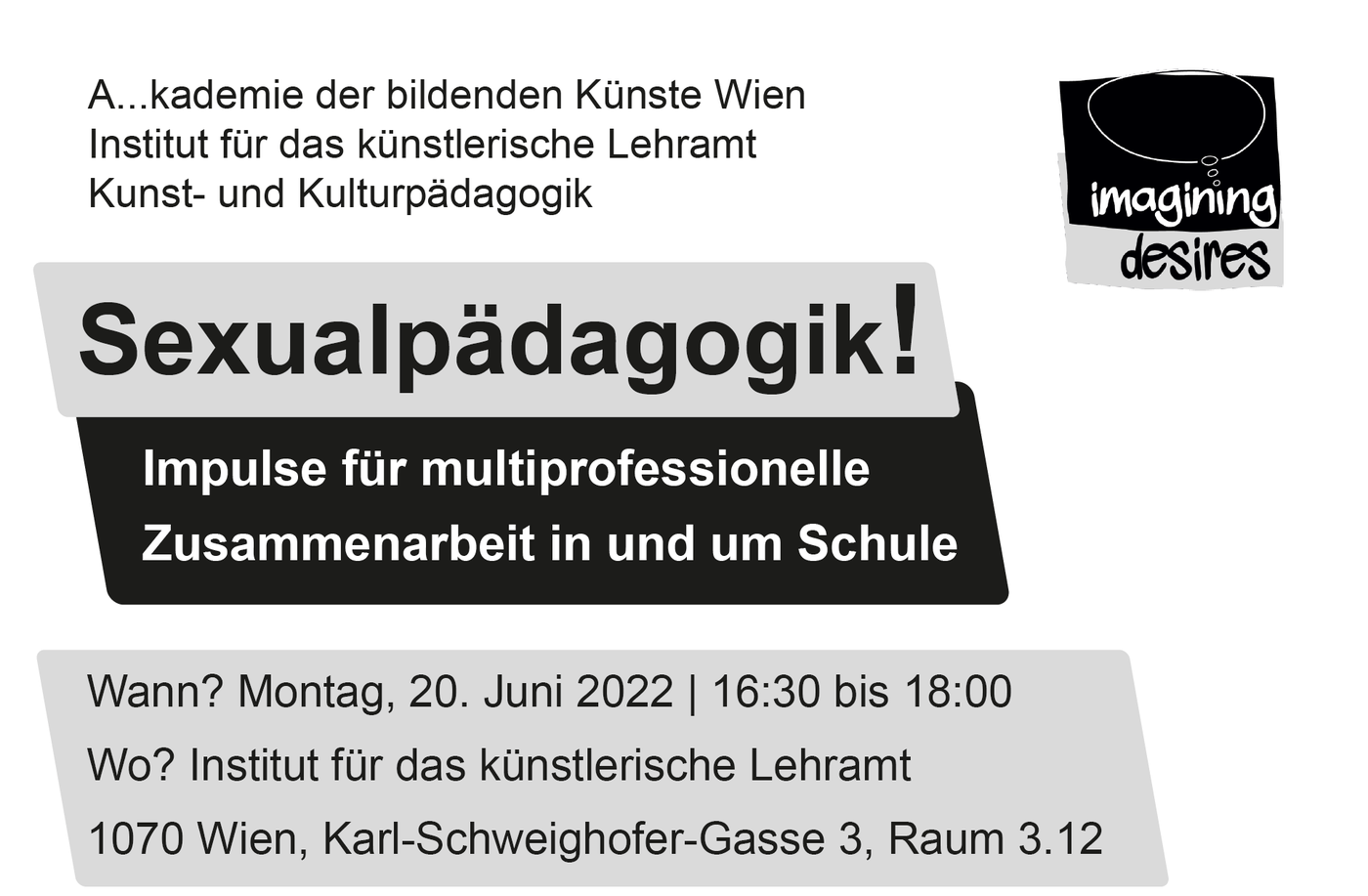 Plakat der Veranstaltung "Sexualpädagogik" mit grau-schwarzer Schrift auf weißem Hintergrund