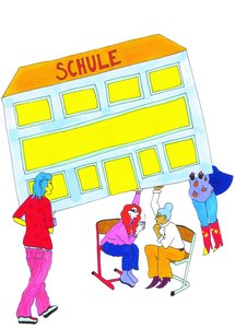 Zeichnung, auf der Lehrpersonen zu sehen sind, die sich unterhalten und dabei ein Schulgebäude mit ihren Händen stützen