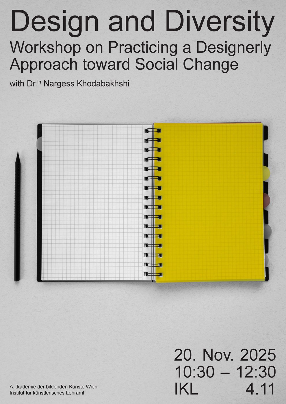 Offenes Notizbuch mit einem karierten weißen und einem gelben Blatt, daneben ein schwarzer Stift, darüber Text zum Workshop "Design and Diversity" mit Datum und Uhrzeit.