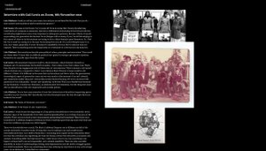 A digital screenshot of a webpage displaying an interview titled Interview with Gail Lewis on Zoom, 8th November 2021 on a black background. The left side contains white text of a conversation between Lola Olufemi and Gail Lewis about feminism, anti-imperialism, and political consciousness. On the right side are three images: at the top, a black-and-white photograph of women standing on a picket line holding protest signs; in the center, a faded color photograph of a large group of BIPOC people, mostly women, posing outdoors in a park-like setting; at the bottom, an illustration used as a logo for the “Black Women’s Group Brixton,” featuring multiple illustrated faces arranged within a circular design resembling a globe.