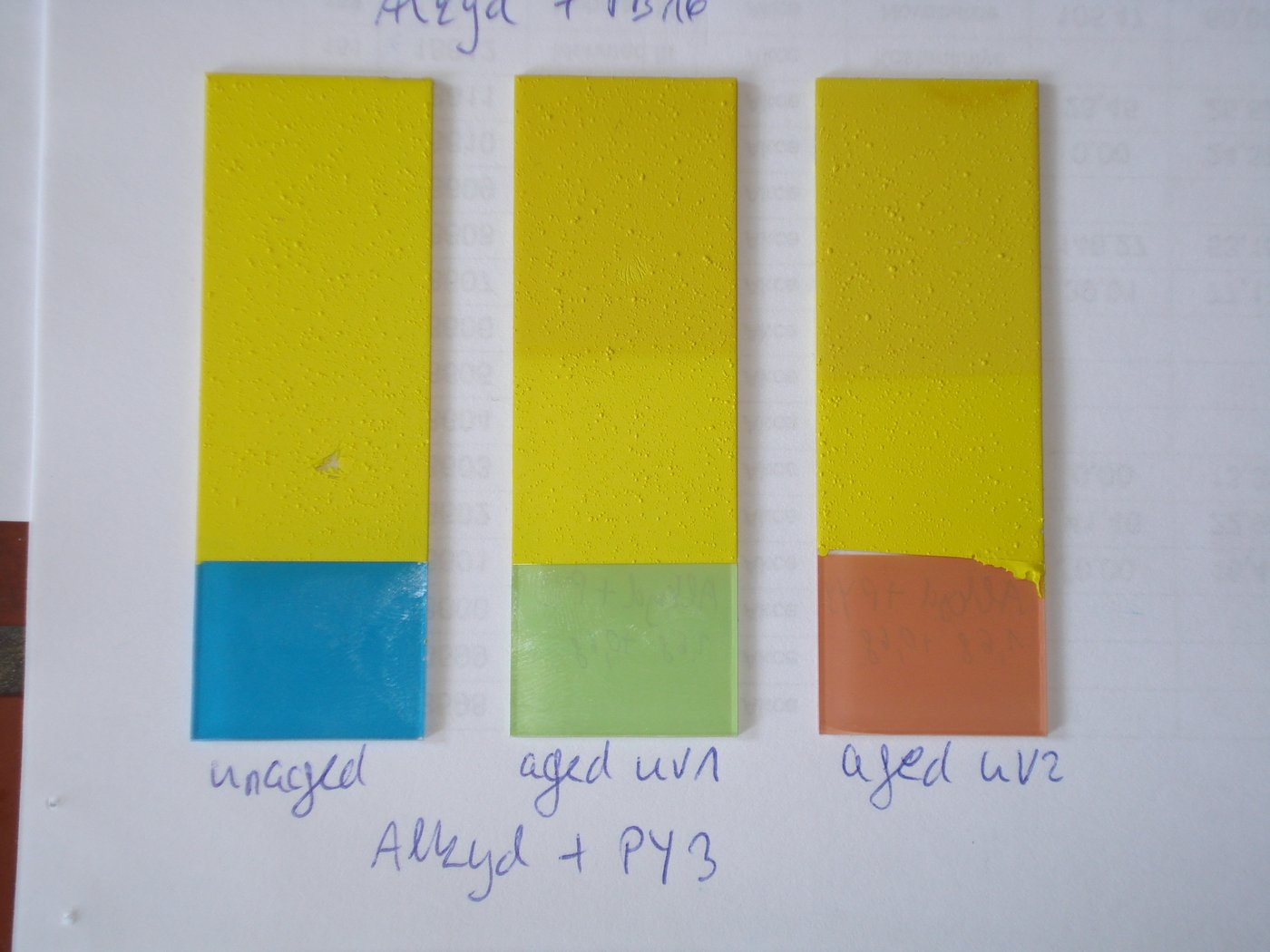 Drei mit gelber Farbe bestrichene längliche Glasplättchen auf einem Blatt Papier, darunter Beschriftung: unter dem linken steht „unaged“, unter dem mittleren steht „aged UV1“ und unter dem dritten steht „aged UV2“. Unter allen Dreien steht geschrieben: Alkyd + PY3.