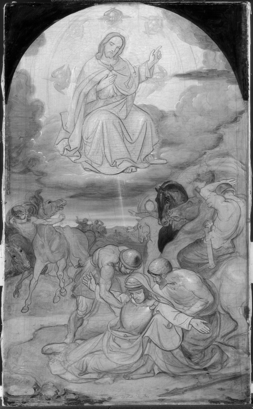 Ein Gemälde in Schwarzweiß, das Pferde, verschiede Figuren und im oberen Teil eine Jesusfigur mit zur Segnung erhobener Hand zeigt. Die Umrisse der Personen und Pferde sind als schwarze Linien deutlich sichtbar.