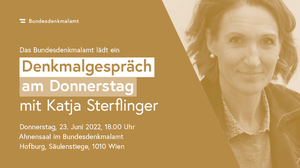 Flyer für den Vortrag: Denkmalgespräch am Donnerstag, in brauner Schrift auf weißem Hintergrund, rechts ein Foto der Vortragenden in sepia Farben