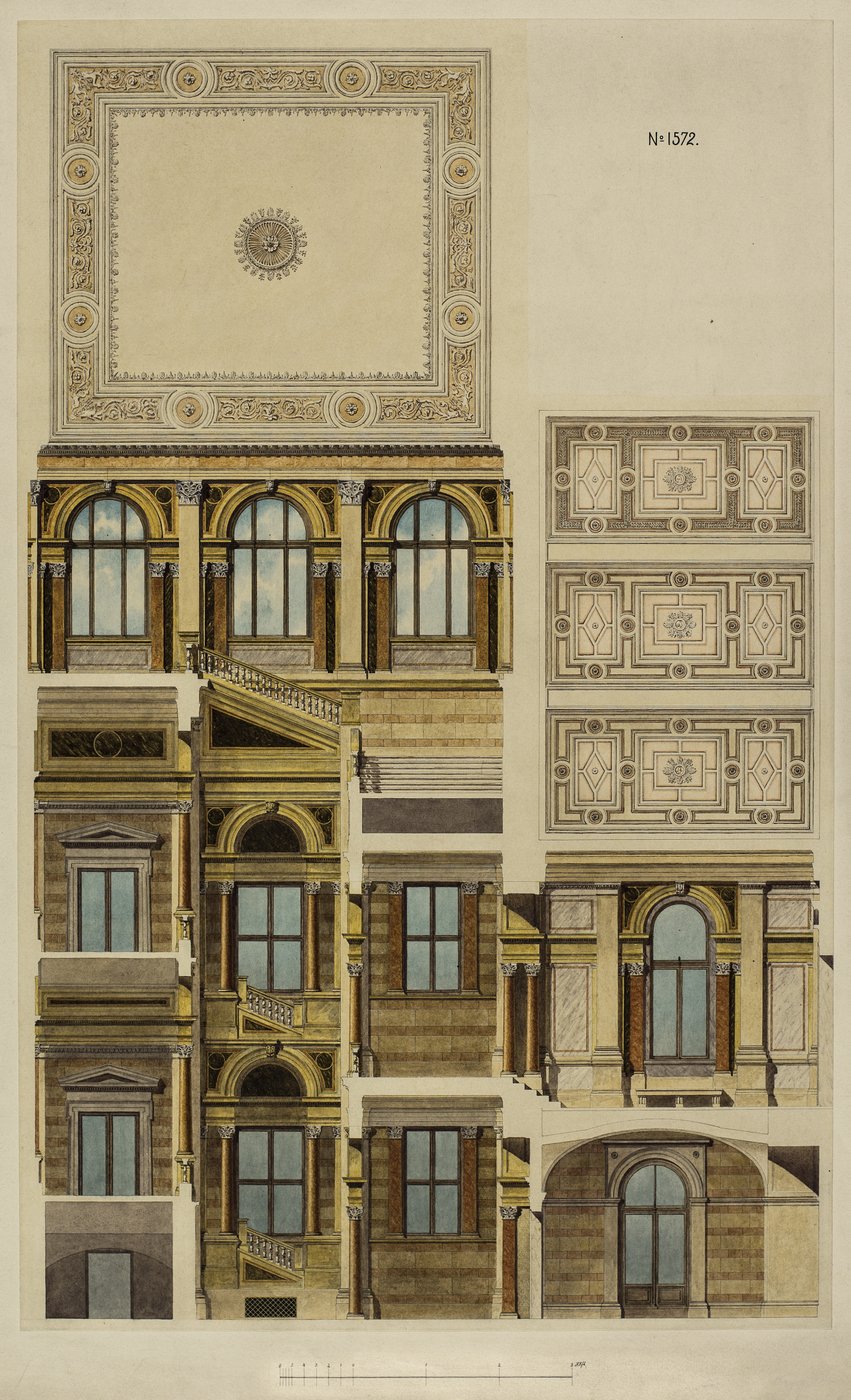 
   Theophil Hansen, Wien, Börse, Stiegenaufgang, Aufriß und Zimmerdeckendesign
   
   Akademie der bildenden Künste, Kupferstichkabinett, Inv.-Nr. 19945
  
