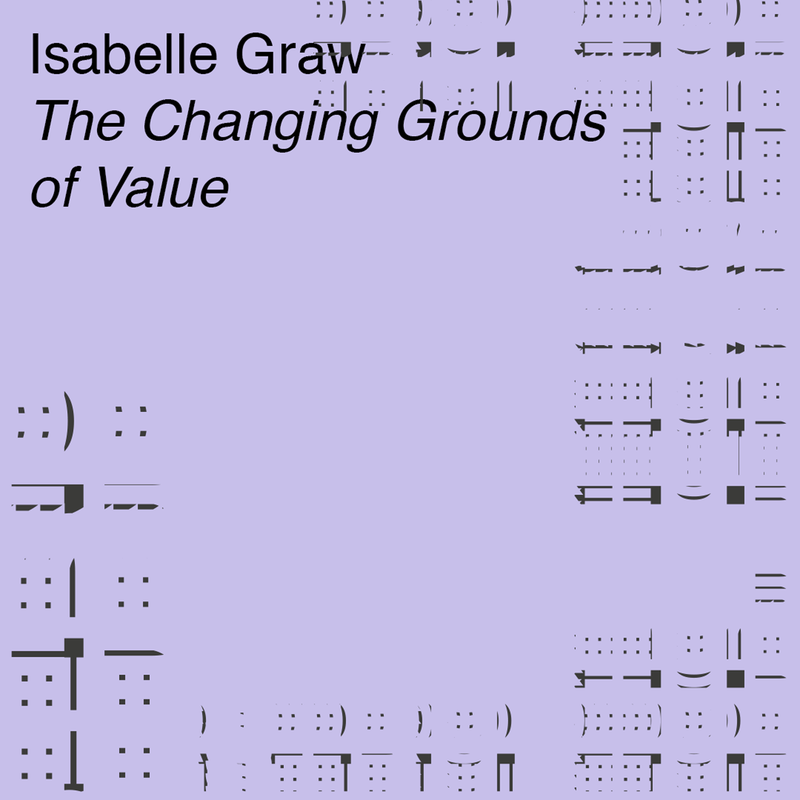 Lila Plakat für den Vortrag Isabelle Graw. The Changing Grounds of Value in schwarzer Schrift ist der Titel zu sehen mit schwarzes waagrechten und senkrechten Strichen und Punkten im Bild verteilt