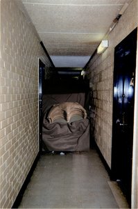 Die Aufnahme zeigt einen engen, rechteckigen Hausflur. Links und rechts verlaufen gelblich-braune Backsteinwände; dunkle Türen mit glänzenden Rahmen stehen seitlich. An der rechten Wand direkt unter der Decke hängen einfache Leuchtkästen, die ein kühles, gedämpftes Licht werfen. Der Boden reflektiert schwach. Im hinteren Drittel ist der Gang mit einer schwarzen ¾-hohen schwarzen Fläche blockiert. Davor liegt ein voluminös drapiertes, dunkelbraunes Tuch über einem Tisch. Darauf ruht ein braunes, gebogenes Objekt mit mehreren parallel verlaufenden Rippen. Es erinnert in der Form an eine Schale oder einen gefalteten Leder- bzw. Keramikkörper. Der Bereich um das Objekt ist deutlich dunkler als der Flur, wodurch es im Zentrum der Komposition betont wird. Insgesamt wirkt die Szene ruhig, leicht rätselhaft und zurückhaltend beleuchtet.
