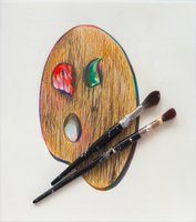 Eine Bildcollage die eine gemalte Farbpalette zeigt auf der die Farbtupfen wie Augen wirken. Darauf liegen zwei Pinsel, die fotografisch festgehalten wurden.