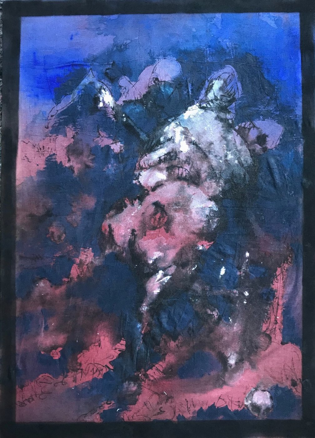 Werkansicht eines Gemäldes mit blauen, roten Farbflächen mit schwarzem Gekritzel darüber und schwarzem Rand