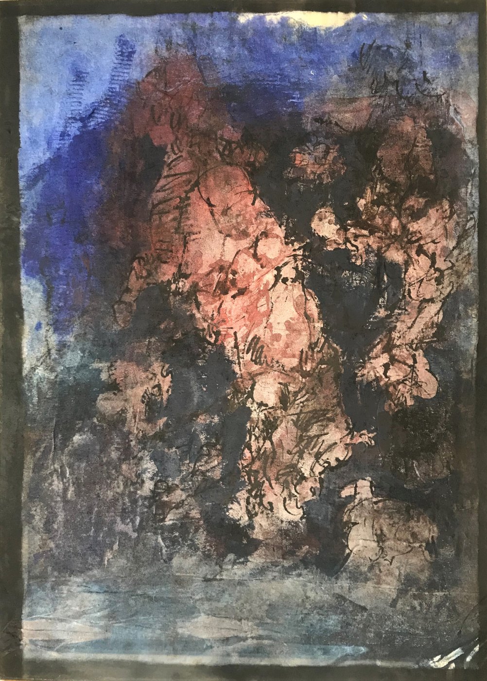 Werkansicht eines Gemäldes mit blauen, roten und braunen Farbflächen