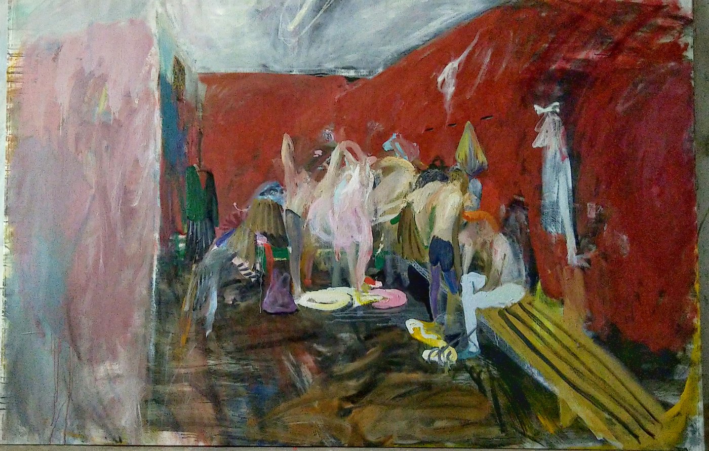 Gemälde eines Raumes mit roten Wänden in dem mehrere Personen an einer Bank stehen oder sitzen und sich umziehen, womöglich ein Umkleideraum eines Bades