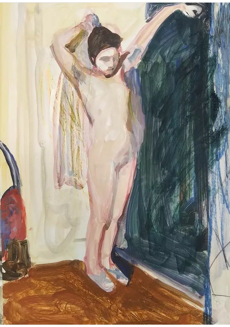 Gemälde einer nackten badenden Person die in einer Ecke steht und ein Handtuch hinter ihrem Rücken hält, auf der rechten Bildseite eine dunkelgrüne Fläche