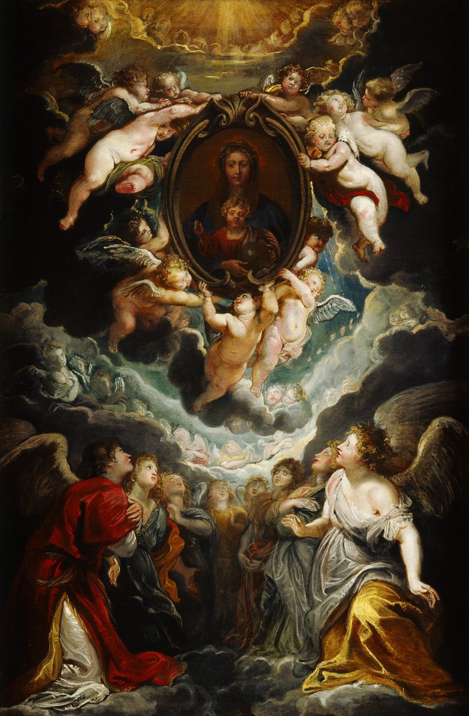 ein gerahmtes ovales Gemälde einer Madonna wird von vielen kleinen nackten Engeln in der Luft gehalten und von vielen weiteren Engeln darüber und darunter bewundert.