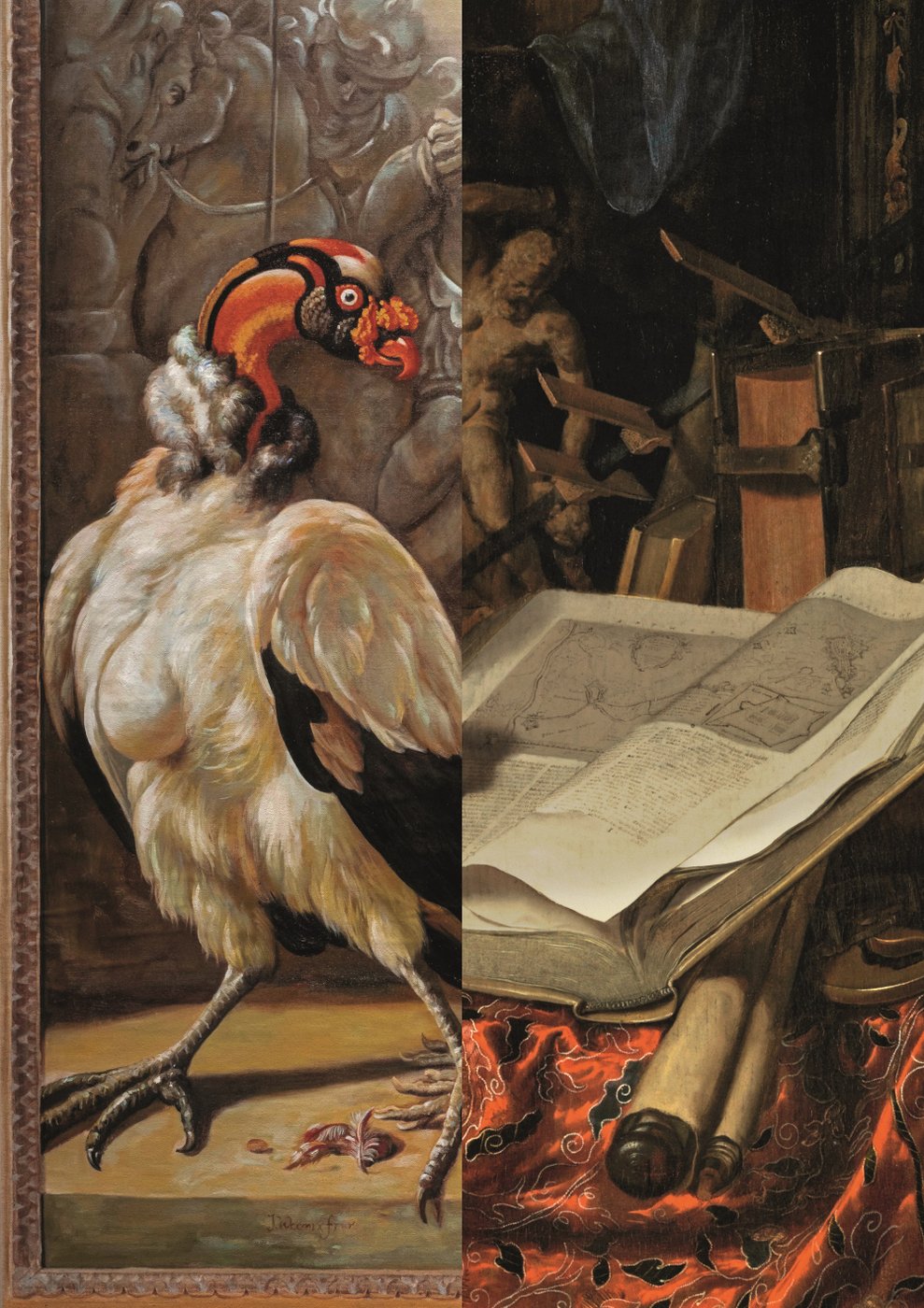 zweigeteiltes Bild mit Malerei mit Vogel und Buch