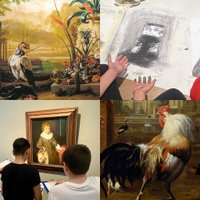 Bildcollage mit Details aus Willem de Rooij, Documentation of Jan Weenix’ Stillleben mit exotischen Pflanzen, Königsgeier, Papagei und Affe (1714), 2022 © Willem de Rooij und Melchior d’Hondecoeter, Hühnerhof, um 1680–1690 © Gemäldegalerie der Akademie der bildenden Künste Wien