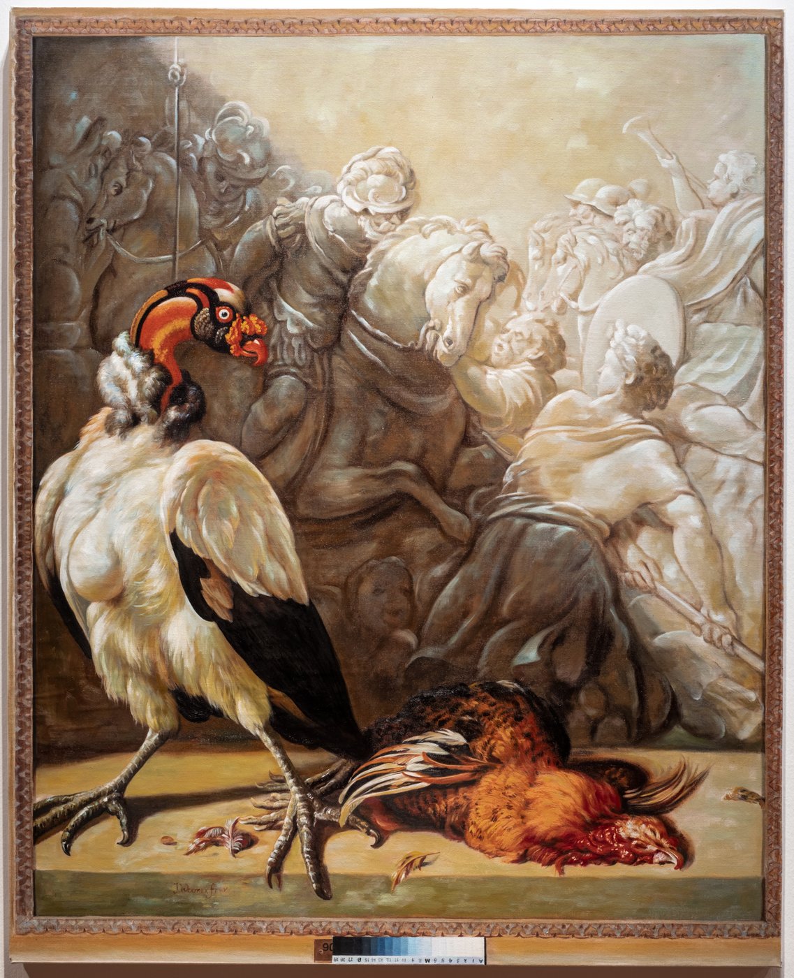 Malerei mit einem schwarz weissen Vogel mit rotem Kopf und einem toten Vogel