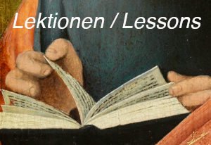 Detail einer Malerei mit einem aufgeschlagenem Buch in zwei Händen, die umblättern mit Schriftzug Lektionen / Lessons