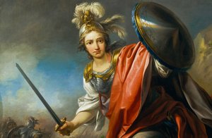 farbenfrohe Malerei mit einem jungen Krieger mit einem Schwert vor einer Kriegskampfszene mit direktem Blickkontakt zur betrachtenden Person