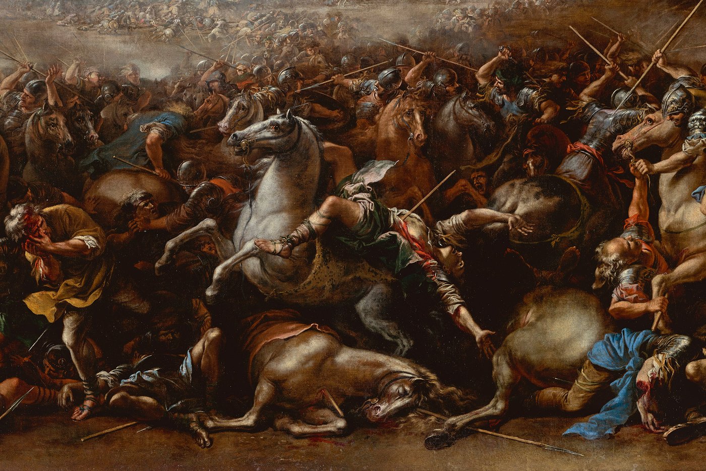 ein Reiter fällt erstochen vom weissen Pferd in einer dramatischen Schlachtszene