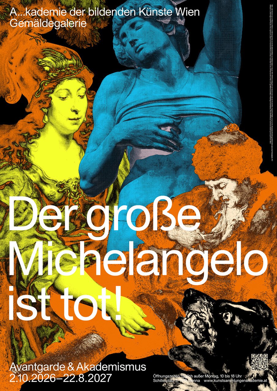 bute gelb blau orange Collage von Personen aus Gemälden mit weissem Schriftzug