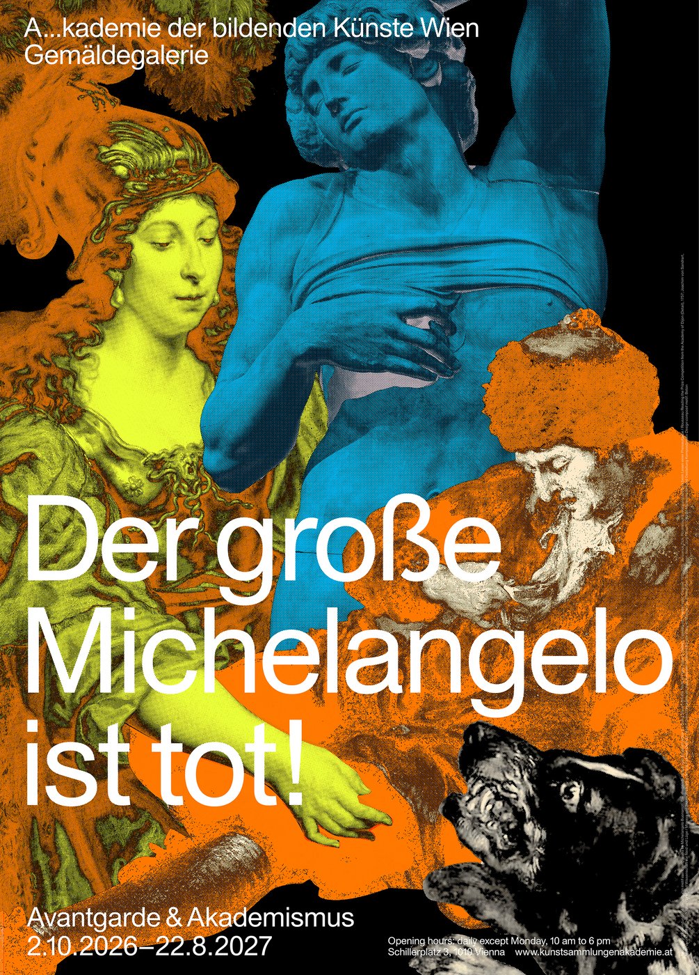 bute gelb blau orange Collage von Personen aus Gemälden mit weissem Schriftzug