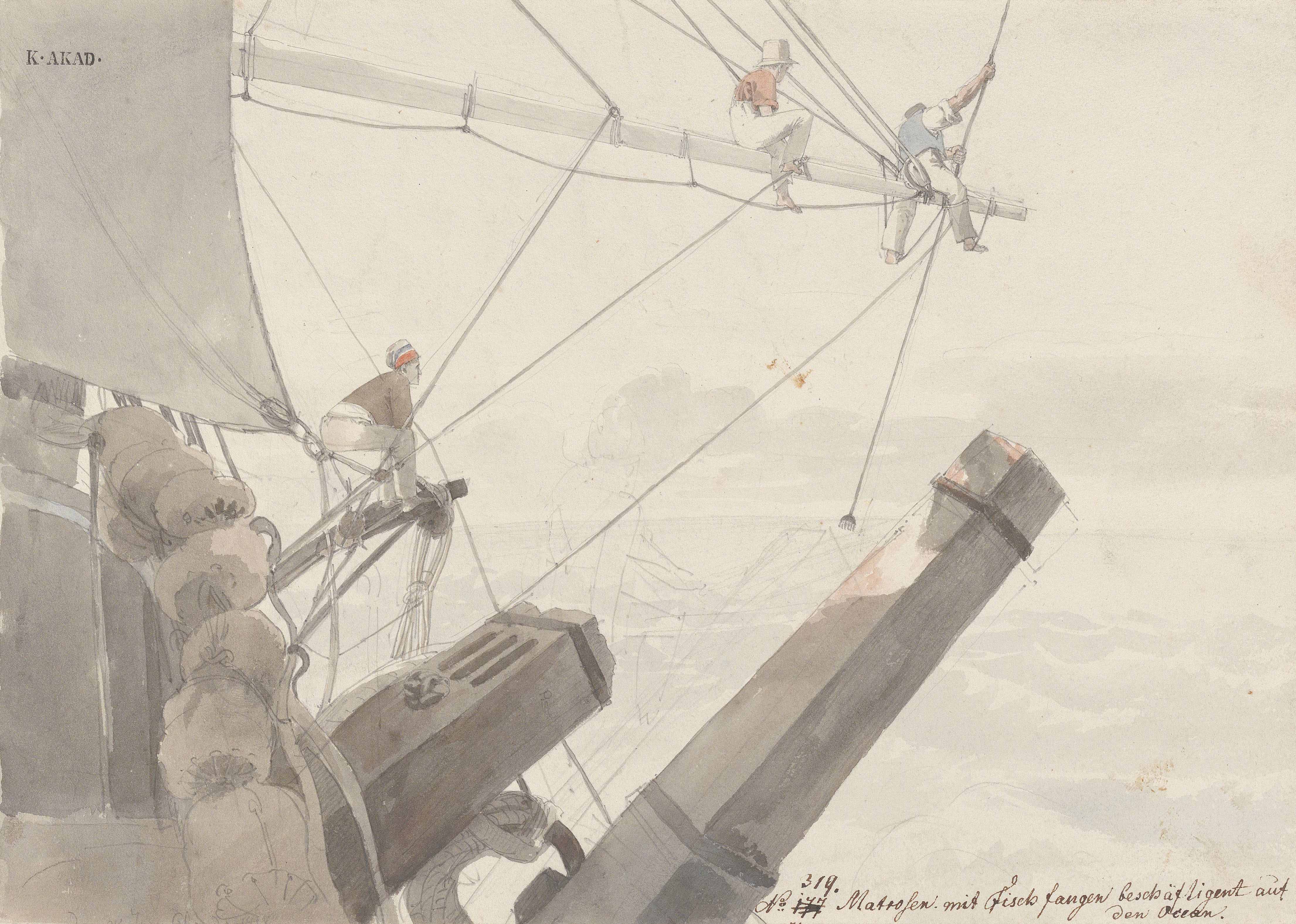 Thomas Ender, Matrosen beim Fischfang auf offener See, 1817, Bleistift und Aquarell auf Papier, HZ-13459